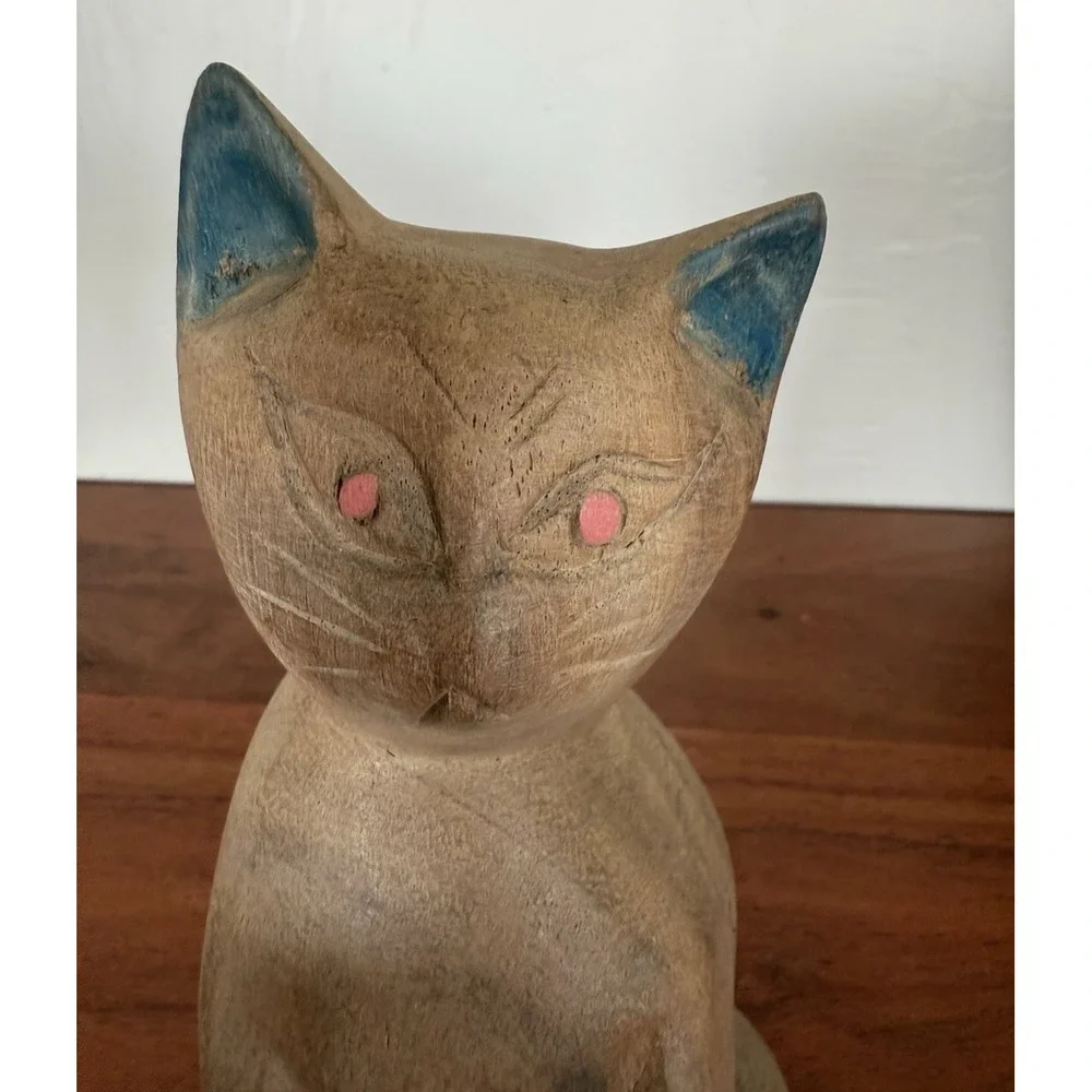 Hand Carved Wooden Cat Vintage Gray Feline Figurine 7